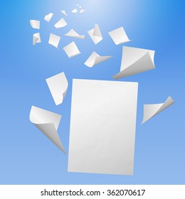White blank sheets of paper with bent corners flying away into the blue sky