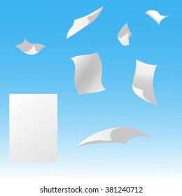 White blank sheets of paper with bent corners flying away into the blue sky.  Blank paper sheets falling down. Vector illustration.