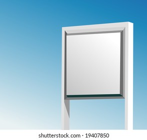 A white, blank sign is against a blue background. Add your text to the sign.