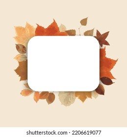 White blank sign with autumn leaves on a sand beige background, seasonal background, vector illustration