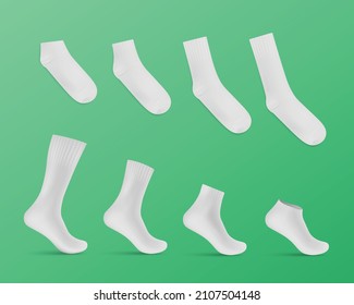 White blank socks 3d mockup. Different types of ribbed socks, on foot and flat lying. Realistic shadowed set of socks.