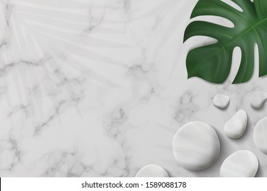 Plantilla de mármol blanco en blanco en la parte superior del fondo blanco. decoración con hojas tropicales, guijarros. producto, venta, banner, presentación, cosmética, oferta.espacio de copia. Ilustración realista Vector.