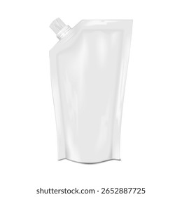 Bolsa branca em branco. Modelo de vetor 3d realista. Saco de plástico com tampa de rosca. Maquete. Embalagens de alimentos líquidos que podem ser fechados. Modelo para design