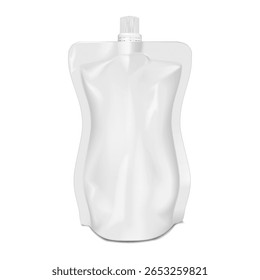 Bolsa branca em branco. Modelo de vetor 3d realista. Saco de plástico com tampa de rosca. Maquete. Embalagens de alimentos líquidos que podem ser fechados. Modelo para design