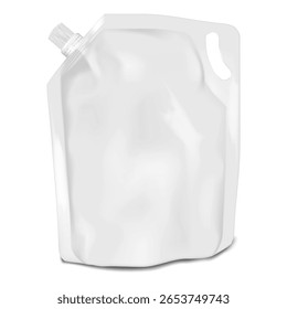 Bolsa de suporte branco com punho de corte de morrer. Modelo de vetor 3d realista. Saco de plástico com tampa de rosca. Maquete. Embalagem recuperável de grande volume de produto líquido. Modelo para design