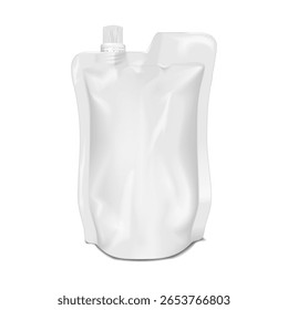 Bolsa branca em branco. Modelo de vetor 3d realista. Saco plástico com bocal enroscado inferior e tampa de rosca. Maquete. Embalagem recuperável de produto líquido. Modelo para design