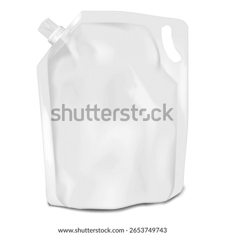 White blank spouted stand-up pouch with die cut handle. Realistic 3d vector mockup. Nozzle plastic bag with screw cap. Mock-up. Liquid product big volume reclosable packaging. Template for design