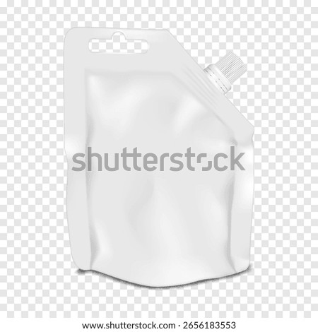 White blank spouted stand-up pouch with die cut handle. Realistic 3d vector mockup. Hanging nozzle plastic bag with screw cap. Mock-up. Liquid product big volume packaging. Template for design