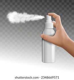 White Blank Sprayer Bottle. Side View With Spray. EPS10 Vector