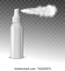 White Blank Sprayer Bottle. Side View With Spray. EPS10 Vector