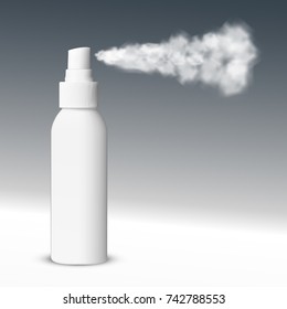 White Blank Sprayer Bottle. Side View With Spray. EPS10 Vector