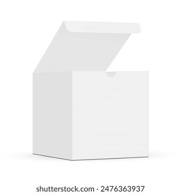White Blank Square Box With Opened Lid, Side View, Isolated. Vector illustration