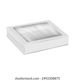 Caja de papel cuadrado blanco con ventana de plástico. Maqueta de Vector 3D realista. Caja de regalo de cartón Maqueta. Embalaje vacío del envase del cartón. Plantilla de diseño