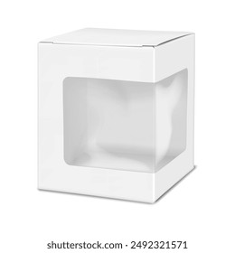 White blank square paper box with plastic window. Realistic 3d vector mock-up. Windowed cardboard gift box. Mockup. Empty paperboard cube container packaging. Template for design