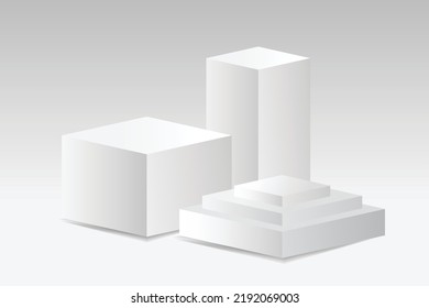 Weißes leeres Quadrat. Würfel-Set, Set von Podien für die Produktdarstellung, Platzierung von Kosmetikprodukten 3D-Vektorgrafik