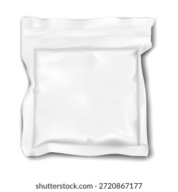 Embalaje al vacío de la bolsa de bolsita cuadrada en blanco blanco. Maqueta de Vector realista. Bolsa de plástico plana. Maqueta. Paquete individual del producto al por menor. Plantilla para el diseño