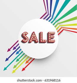 White blank square template for text with colorful arrows and 3D 'SALE' text, vector illustration