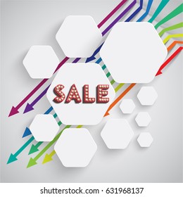 White blank square template for text with colorful arrows and 3D 'SALE' text, vector illustration