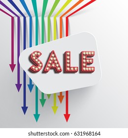 White blank square template for text with colorful arrows and 3D 'SALE' text, vector illustration