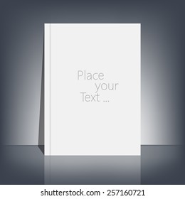 White blank stationary near the black wall with shadow. Magazine, book, flyer, booklet, cover or report in A4 size for your design and your text . Vector Illustration.