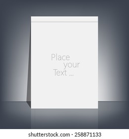 White blank stationary near the black wall with shadow. Magazine, book, flyer, booklet, cover or report in A4 size for your design and your text . Vector Illustration
