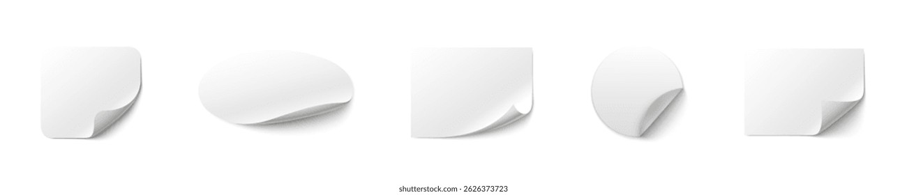 White blank sticker with curl vector illustration set. Curled white sticker mockups