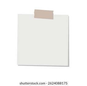 White blank sticky note paper mockup top taped with beige washi tape isolated on background. Vector illustration clipart. Empty office supply. Reminders, scrapbooking, digital planner design 