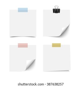 White blank sticky note paper sheets with curled corner with scotch tape and paper clip isolated on white background. Realistic vector illustration of paper notes.
