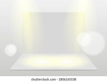 White blank studio stage with spotlight mockup, white billboard border illuminated lights vector background illustration