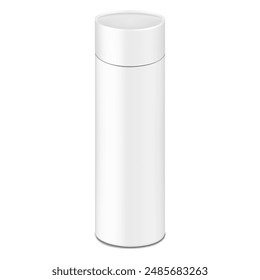 White blank tall tube shaped gift box with round lid. Realistic 3d vector mock-up. Cardboard tubular cylinder box packaging. Mockup. Template for design