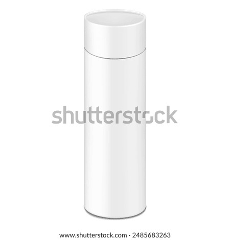 White blank tall tube shaped gift box with round lid. Realistic 3d vector mock-up. Cardboard tubular cylinder box packaging. Mockup. Template for design