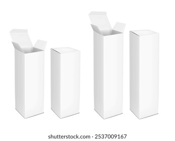 Caja de cartón de Vertical alta en blanco blanco con solapa plegable. Abierto y cerrado. Conjunto de maqueta 3D. Contenedor de caja de cartón. Maqueta de Vector realista. Paquete del cartón. Plantilla para el diseño