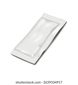 White blank tear notch 3 side seal sachet pouch. Realistic 3d vector mockup. Rectangle plastic bag. Mock-up. Food, medical, cosmetic beauty product individual packet package. Template for design