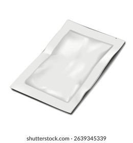 White blank tear notch 4 side seal sachet pouch. Realistic 3d vector mockup. Rectangle plastic bag. Mock-up. Food, medical, cosmetic beauty product individual packet package. Template for design