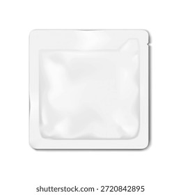 Blanco en blanco muesca de desgarro 4 sello lateral bolsa de bolsita cuadrada. Maqueta de Vector realista. Bolsa de plástico plana. Maqueta. Alimentos, productos médicos, cosméticos paquete individual. Plantilla para el diseño