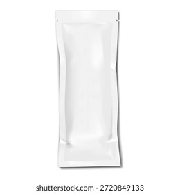 White blank tear notch 4 side seal long sachet pouch. Realistic vector mockup. Flat plastic, paper or foil bag. Mock-up. Food, medical, cosmetic product individual packet package. Template for design