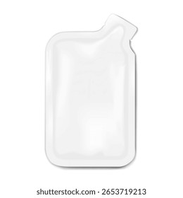 Bolsa de saqueta branca em forma de garrafa com entalhe lacrimal branco. Modelo de vetor 3d realista. Saco de plástico plano. Maquete. Embalagem individual de dose única de produto alimentar líquido. Modelo para design