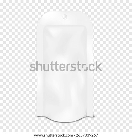 White blank tear notch bottom gusseted sachet packet with hanging round hole. Realistic 3d vector mockup. Stand-up pouch. Mock-up. Standup plastic bag packaging. Template for design
