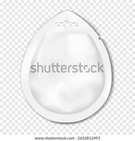 White blank tear notch drop-shaped sachet pouch with euro hole hanger. Realistic 3d vector mockup. Plastic bag. Mock-up. Food, medical, cosmetic product individual packet package. Template for design