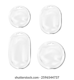 White blank tear notch euro hole circle and oval sachet pouch. Realistic 3d vector mockup set. Hanging round plastic packet bag. Mock-up. Food or cosmetic beauty product individual package. Template