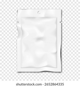 Bolsa de saqueta retangular de entalhe lacrimal branco com furo de suspensão. Modelo de vetor 3d realista. Saco de plástico. Maquete. Embalagem individual de alimentos, medicamentos e produtos cosméticos. Modelo para design