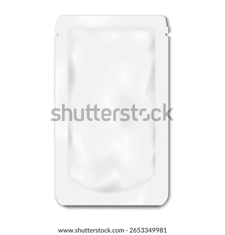 White blank tear notch rectangle 4 side seal sachet pouch. Realistic vector mockup. Plastic bag. Mock-up. Food, medical, cosmetic product individual packet package. Template for design