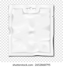 Bolsa de saqueta quadrada de entalhe lacrimal branco com cabide de buraco de euro. Modelo de vetor realista. Saco de plástico pendurado. Maquete. Embalagem individual de alimentos, medicamentos e produtos cosméticos. Modelo para design