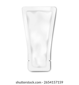 Bolsa de saqueta em forma de tubo de espremedor branco lacrimal branco. Modelo de vetor 3d realista. Saco de plástico plano. Maquete. Embalagem individual de nata ou produto líquido. Modelo para design