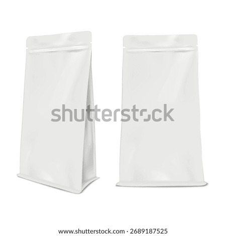 White blank tear notch stand-up pouch with zip lock. Flat bottom side gusset zipper plastic bag. Realistic vector mock-up. Easy open resealable package. 3d mockup. Template for design