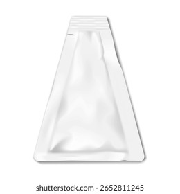 Bolsa de saqueta de triângulo branco com entalhe lacrimal. Modelo de vetor 3d realista. Saco de plástico triangular. Maquete. Alimentos, médicos, cosméticos produto de beleza pacote individual. Modelo para design