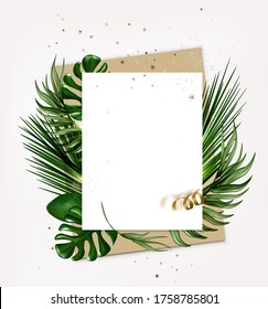 Weiße leere Vorlage auf Recyclingpapier mit tropischem Blatt. Flaches Laienkonzept. Hammerhintergrund. Vektorgrafik.