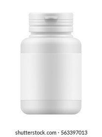 White blank template of plastic jar with cap for pills. 3d mock-up medical package for medication: tablets, vitamin or drugs. Medicine container for medicament. Vector pharmaceutical illustration