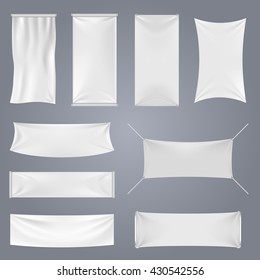 White Blank Textile Advertising Banners With Folds Vector Templates. Empty Smooth Poster Or Placard Set For Advertising