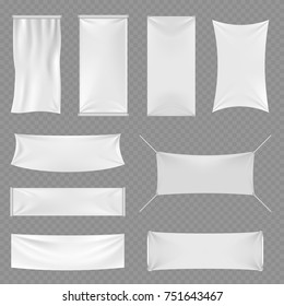 White blank textile advertising banners with folds isolated on transparent background. Vector illustration